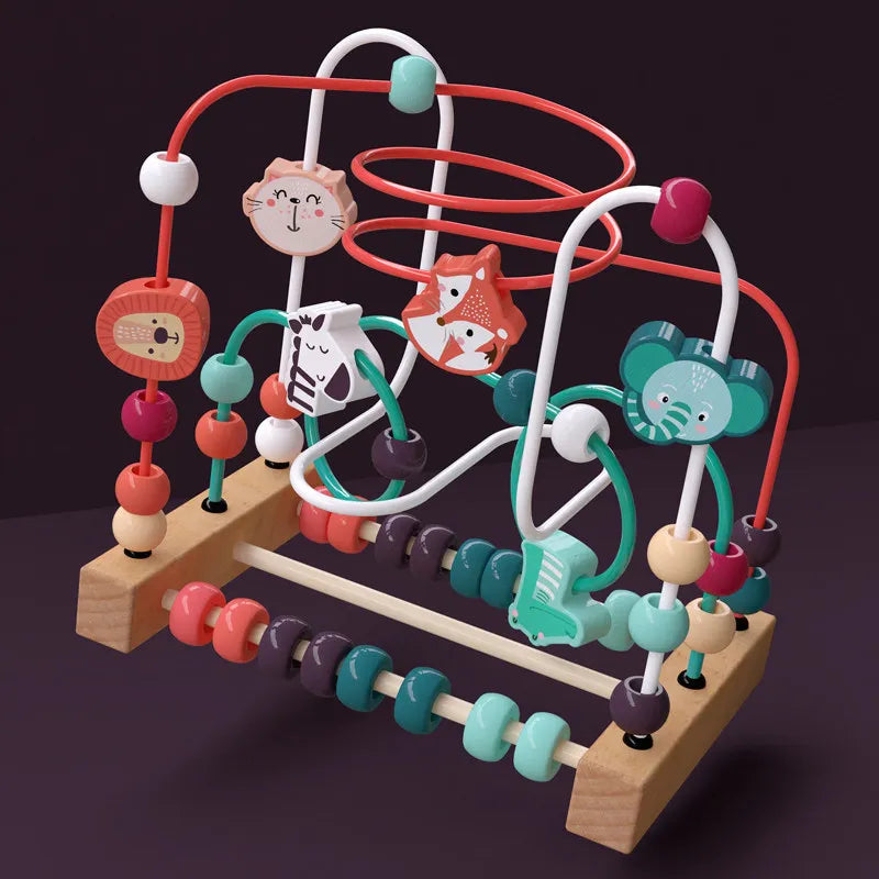 A wooden bead maze toy featuring red and white strings, beads, and small animal figures for toddlers.