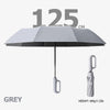 A grey windproof reverse folding umbrella with a reflective stripe and carabiner handle.