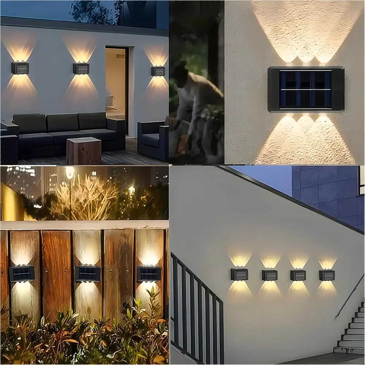 A series of modern outdoor wall lights with upward and downward illumination mounted on a white wall.