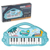 A blue electronic piano toy with a microphone and a box for music education.