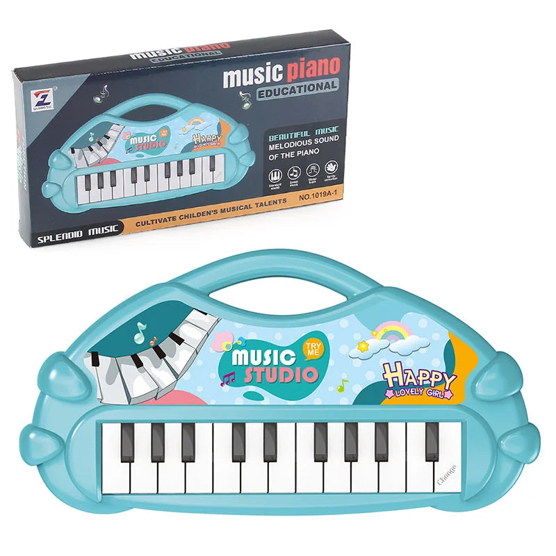 A blue electronic piano toy with a microphone and a box for music education.