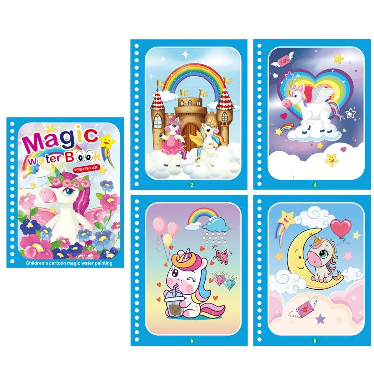 A set of six reusable magic water drawing books featuring colorful illustrations and rainbows for children.