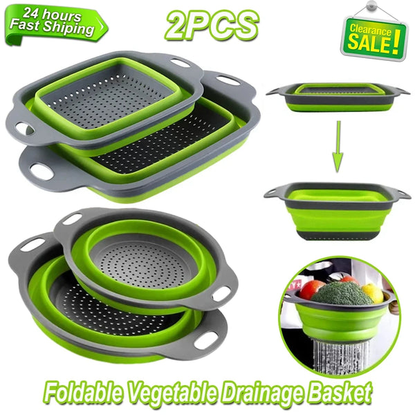 Un set de deux paniers de drainage pour légumes en silicone pliables, vert lime et gris.
