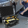 Portable hard shell toolbox with customizable foam insert showing various tools and equipment.