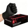 A hand wearing a black disposable nitrile glove is shown holding a box of nitrile gloves for kitchen cleaning.