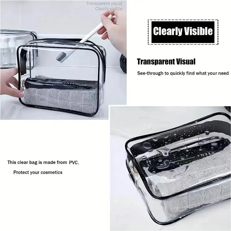 A clear PVC zipper tote bag is shown with a mesh lining, demonstrating its transparent visual quality for travel and organiza