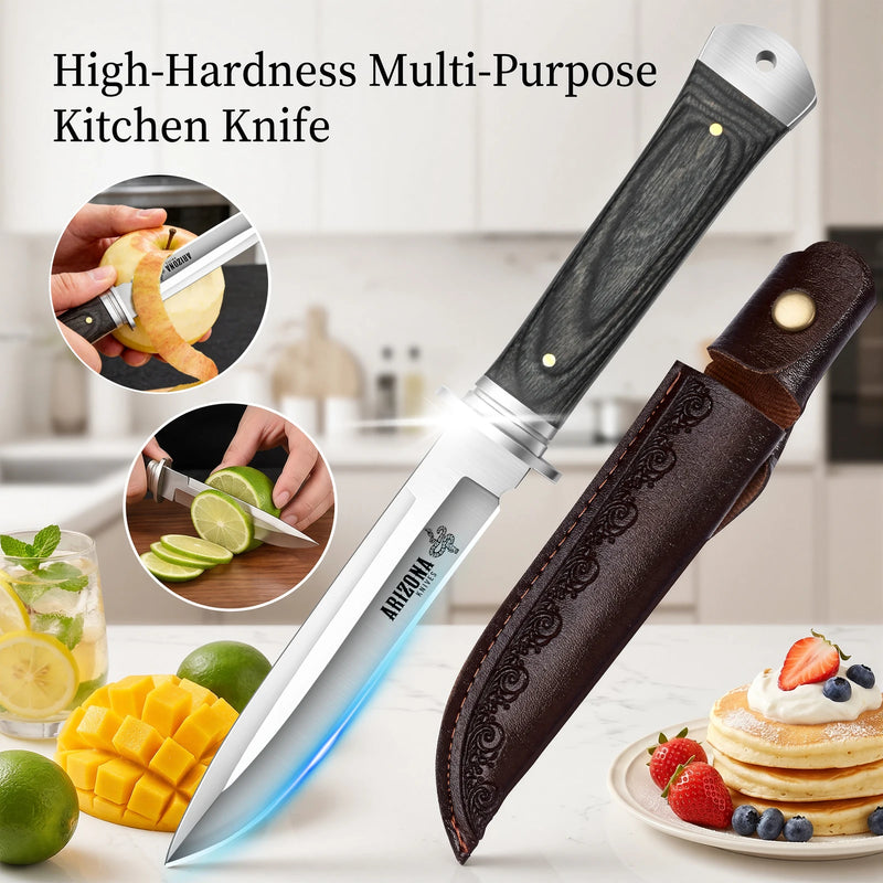 Versatile Kitchen Knife with Wooden Handle and Leather Sheath