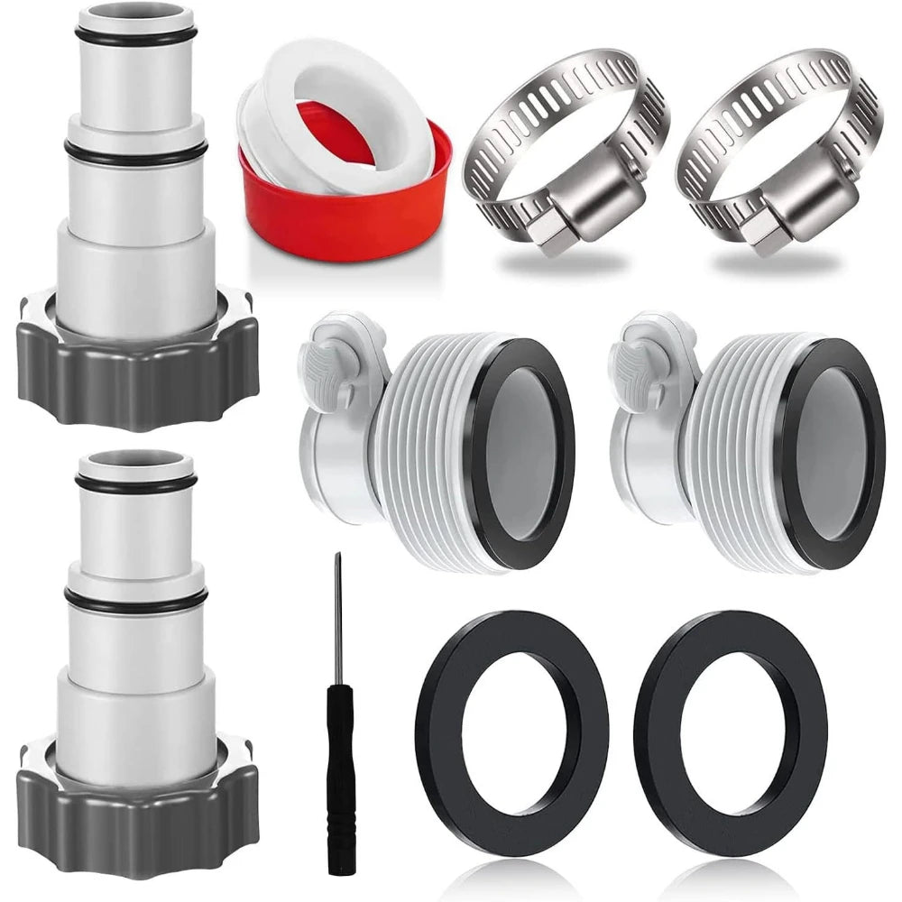 A set of pool hose adapters and fittings used to connect filter pumps, including various sized rings and connectors.