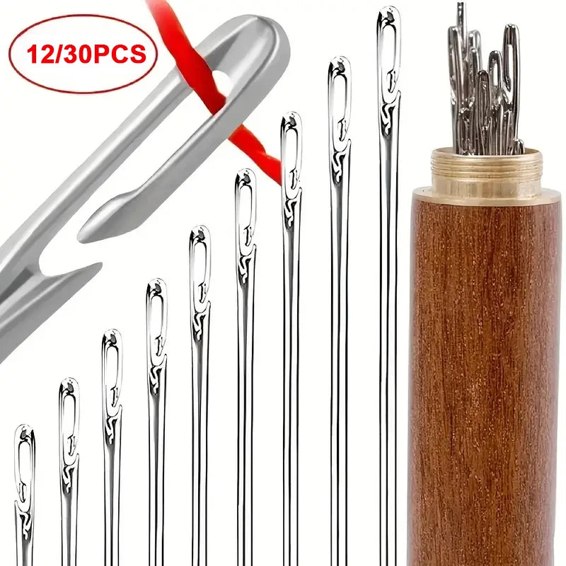 Agujas de coser de acero inoxidable con autoenhebrado y estuche de madera