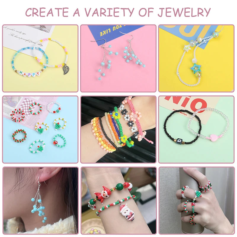 A variety of jewelry made from 3mm multicolor acrylic rice beads displayed in various styles and storage boxes.