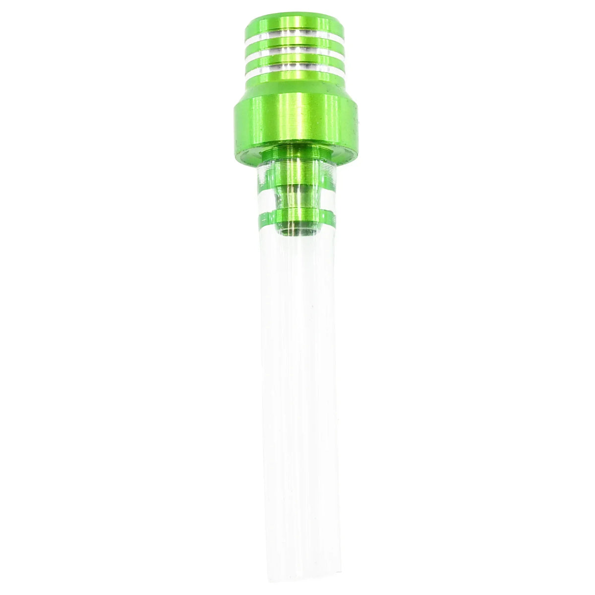 A clear plastic fuel tank breather valve with a green threaded top and cylindrical body.