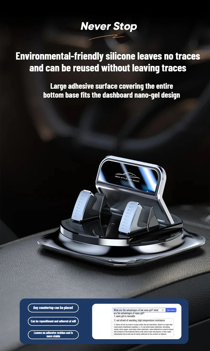 A close-up view of an anti-slip dashboard phone mount with a silver finish resting on a dark surface.