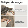 Hands are shown cutting and tearing self-adhesive wood grain wallpaper for a DIY project.