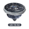 A dark gray metal spinning top battle toy with a launcher mechanism labeled UX-16-02.