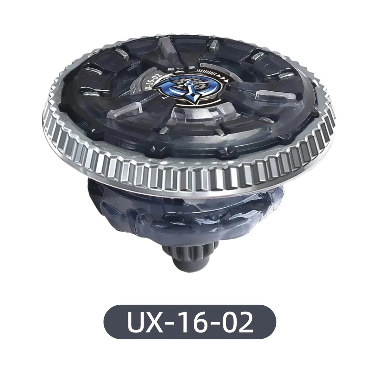 A dark gray metal spinning top battle toy with a launcher mechanism labeled UX-16-02.