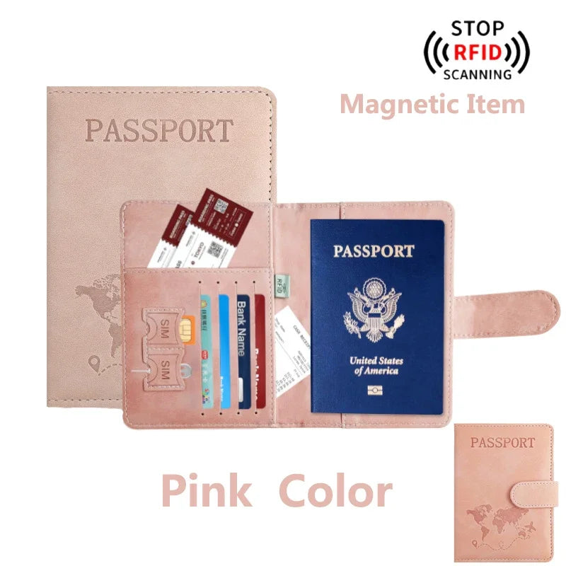 Porta-pasaporte rosa con función de artículo magnético y protección RFID.