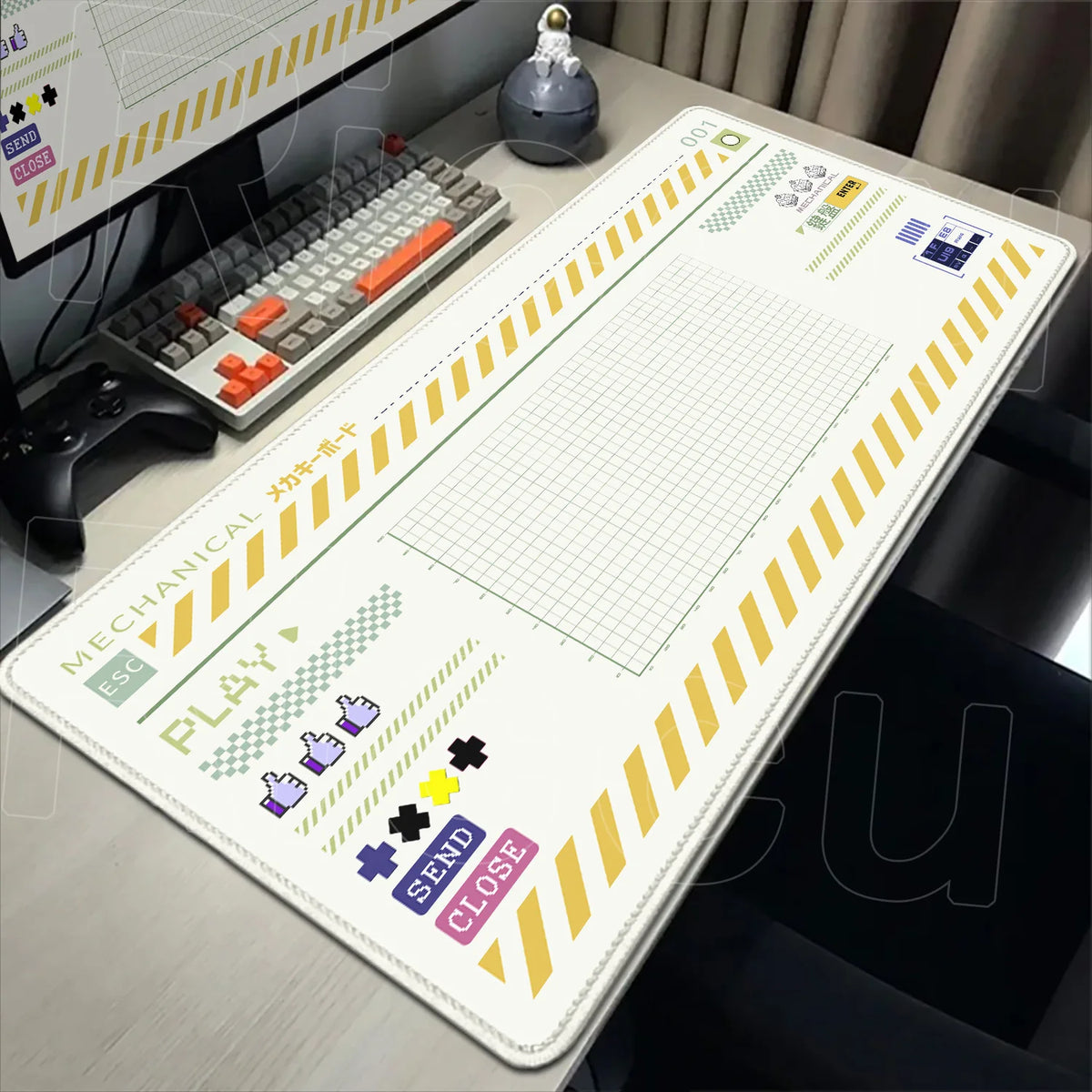 A large Japanese art mouse pad with a non-slip rubber base featuring grid lines and various icons for computer use.