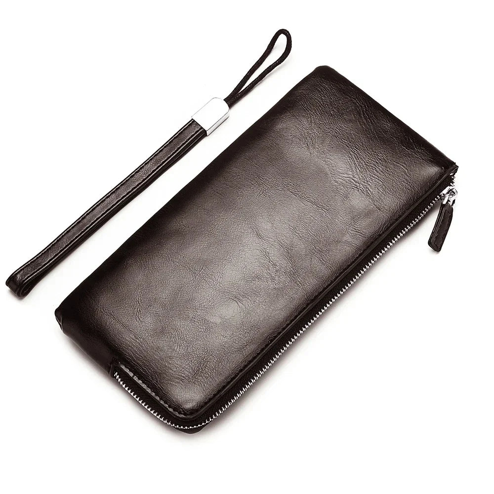Schwarzes Leder-Geldbeutel-Clutch für Herren mit Lederriemen und Reißverschluss