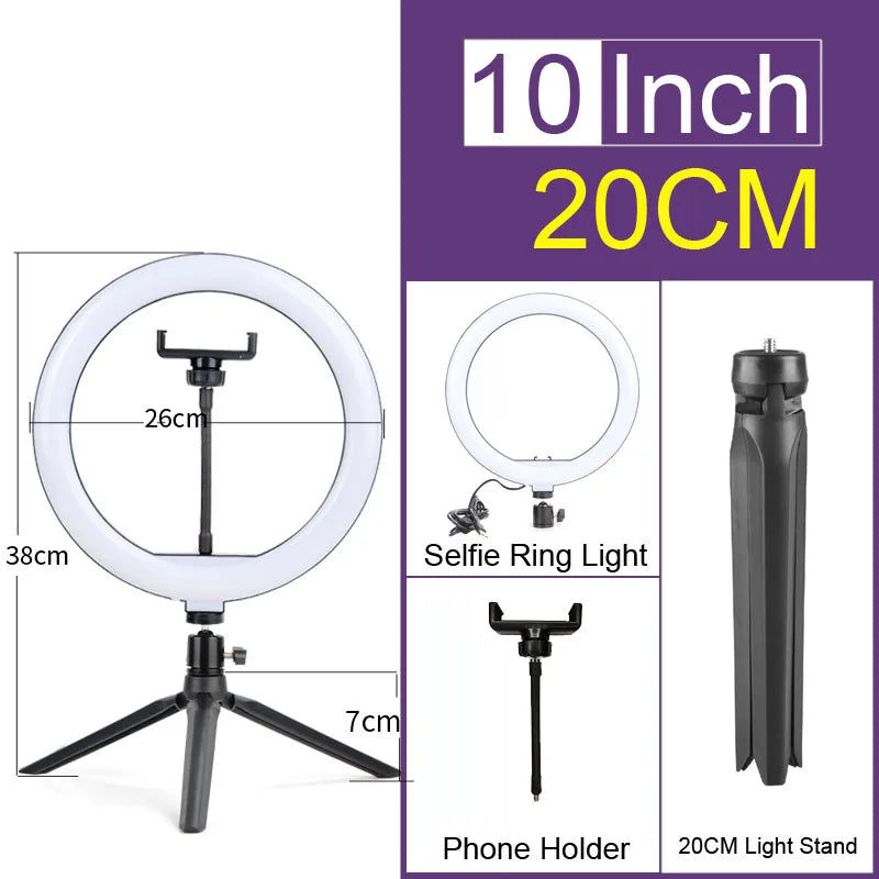 Adjustable 10 inch selfie ring light with tripod and phone holder for video calls