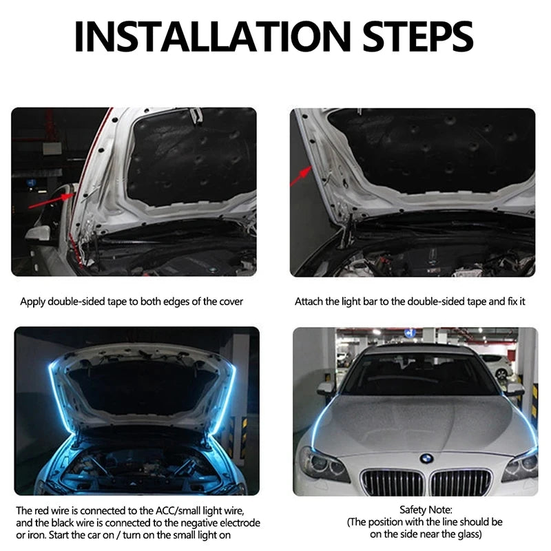 Installation steps showing how to attach a 12V LED engine hood light strip to a car and power it.