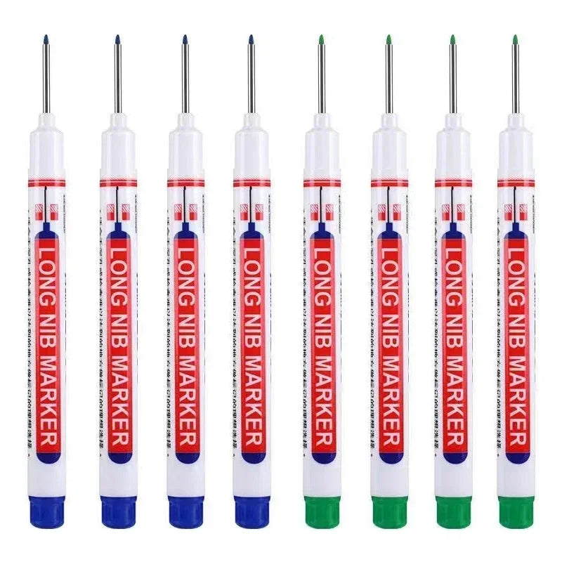 Eight long nib markers for deep holes used in metal and woodworking