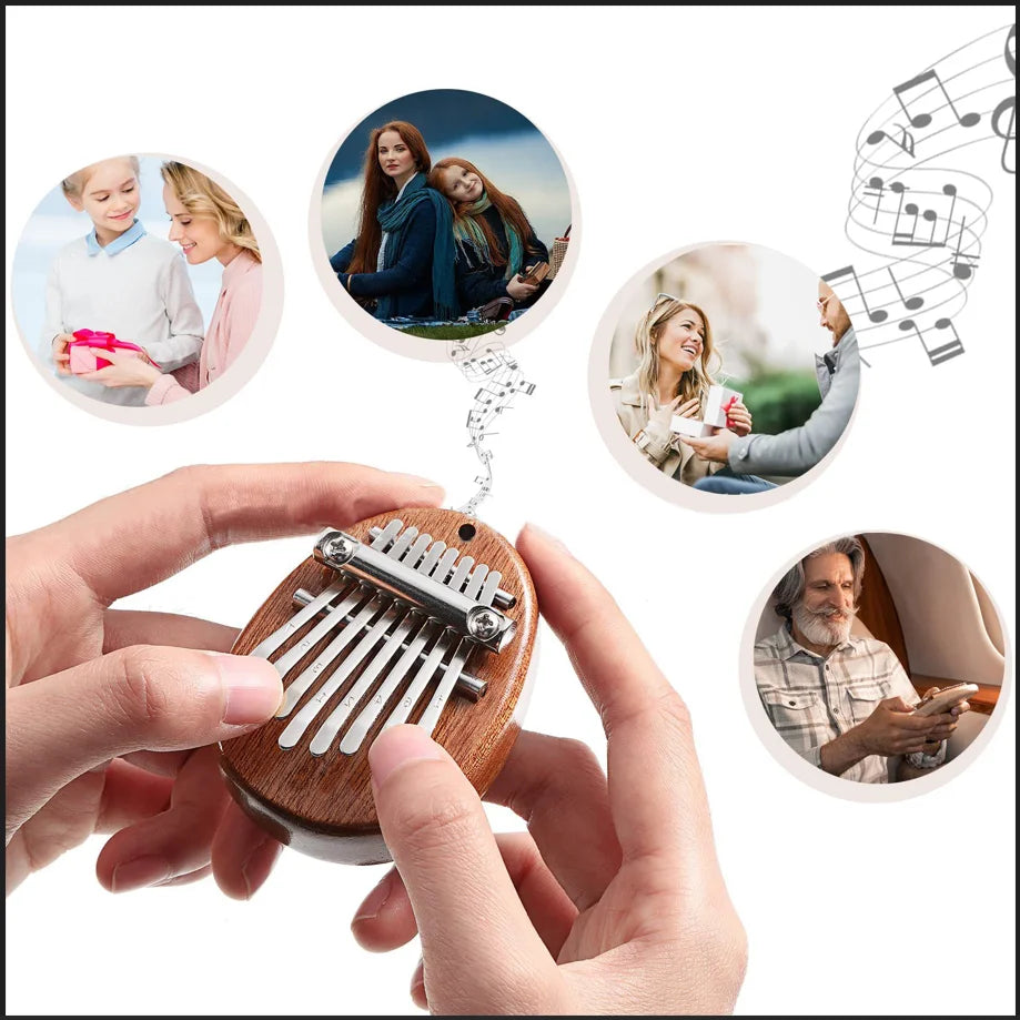 Hands hold a wooden kalimba thumb piano while musical notes float around.