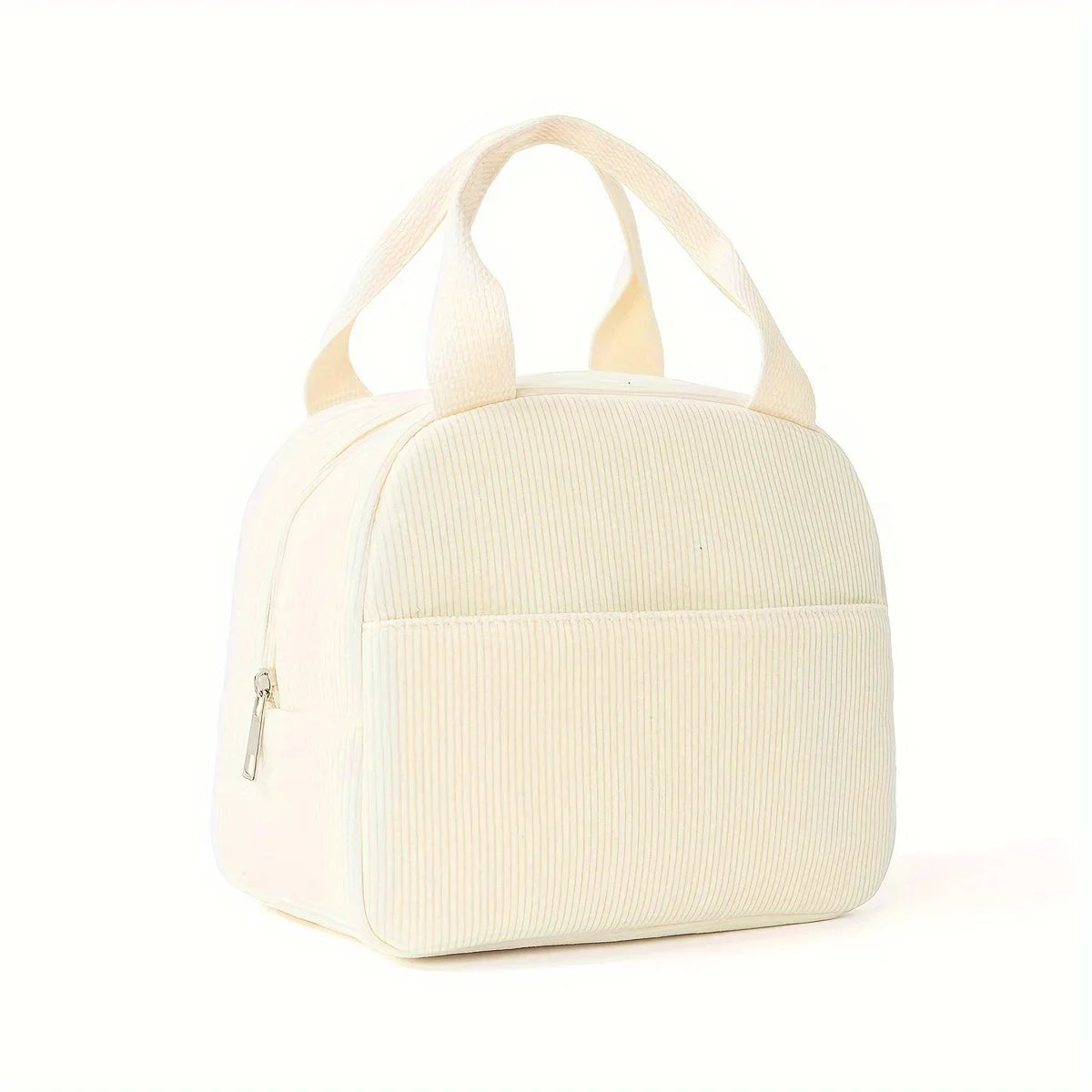 A cream-colored embroidered corduroy insulated lunch bag with light beige fabric handles.