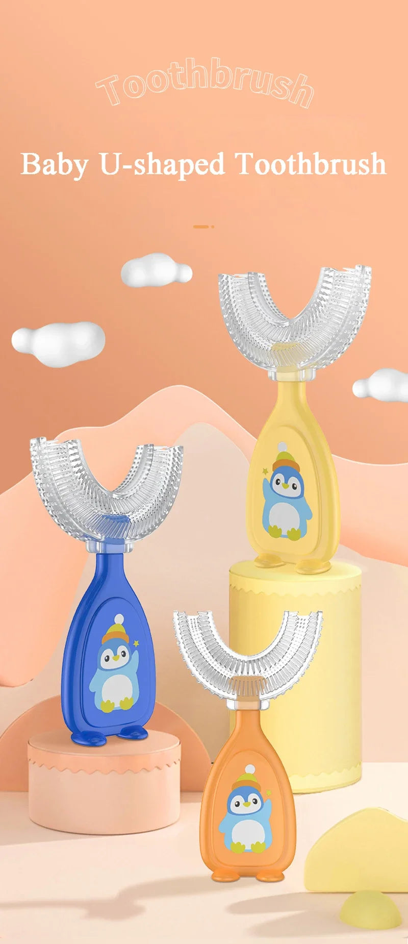 A yellow baby U-shaped silicone toothbrush with a blue penguin design and a matching brush.