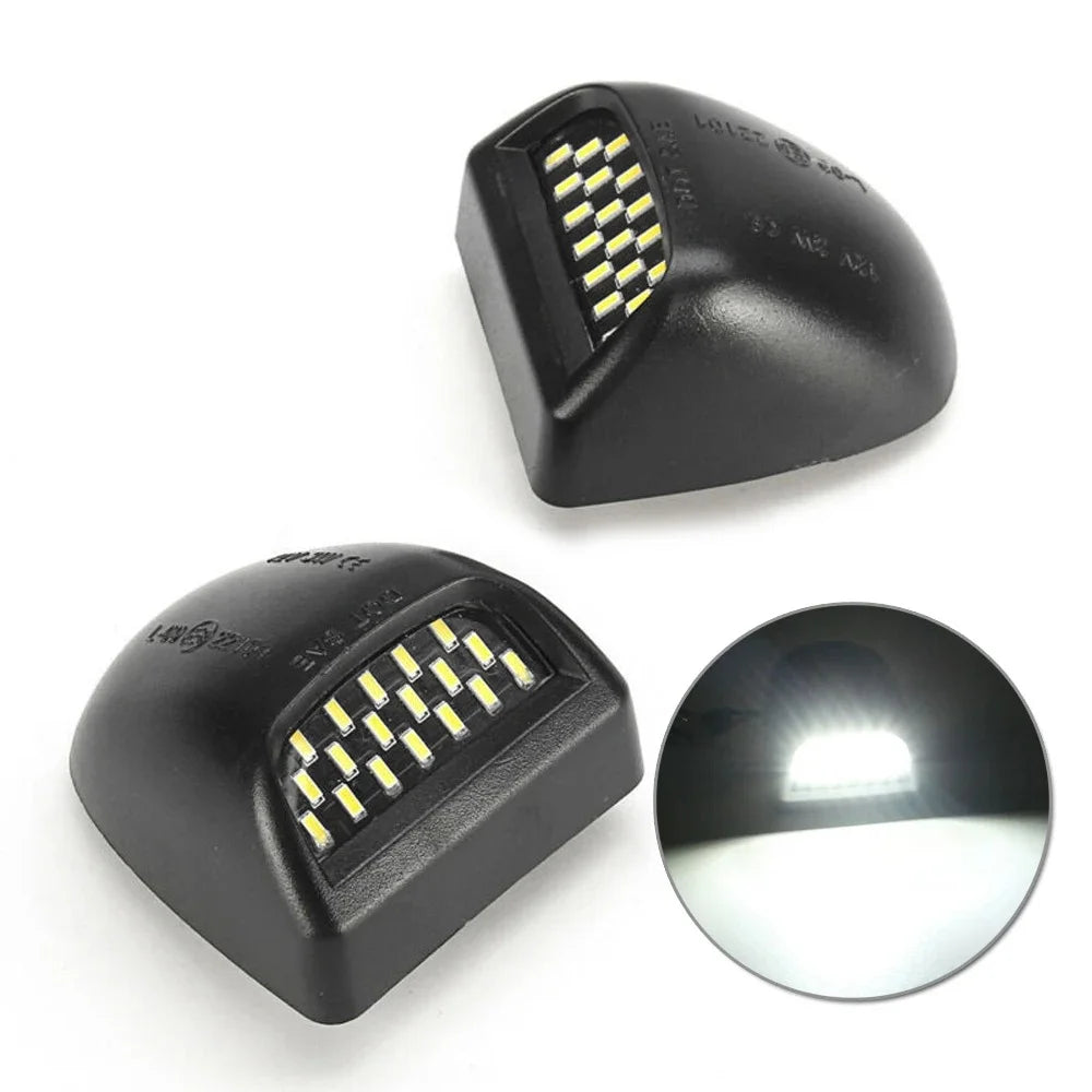 A black 18-LED license plate light module with a round lens is shown from above and the side.