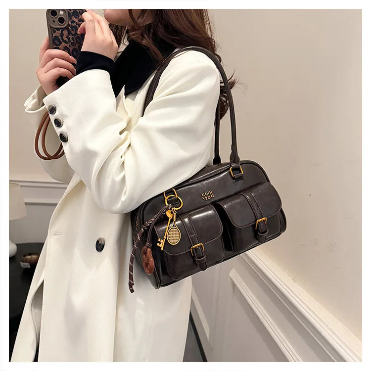 Women's Retro PU Leather Shoulder Bag with Multiple Pockets & Detachable Charm