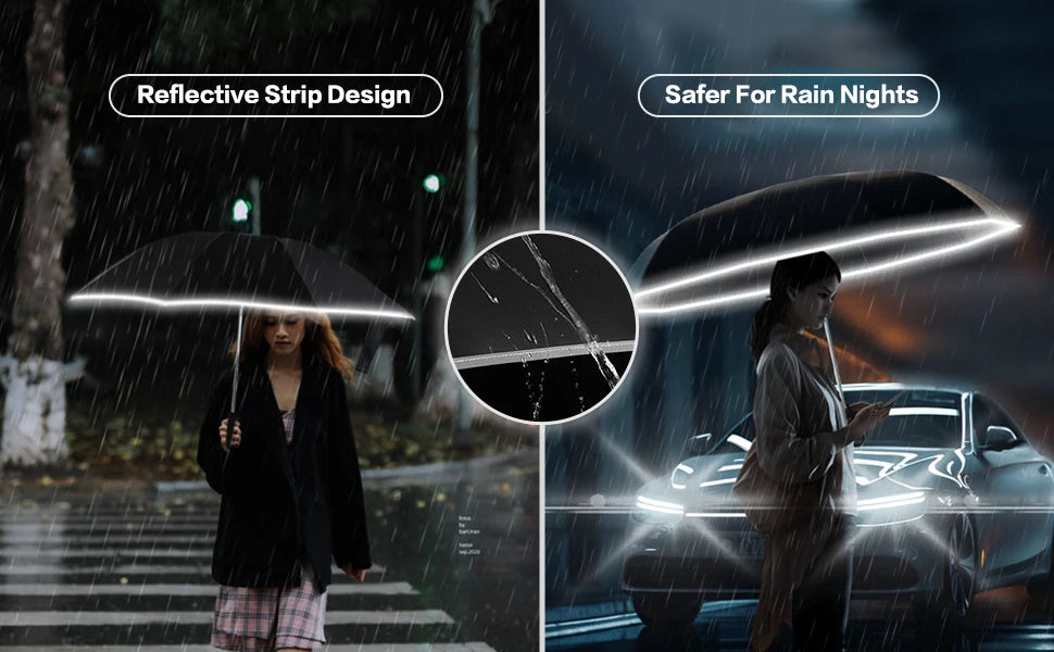 Auto Reverse-Folding Umbrella with Reflective Stripe & Carabiner Handle