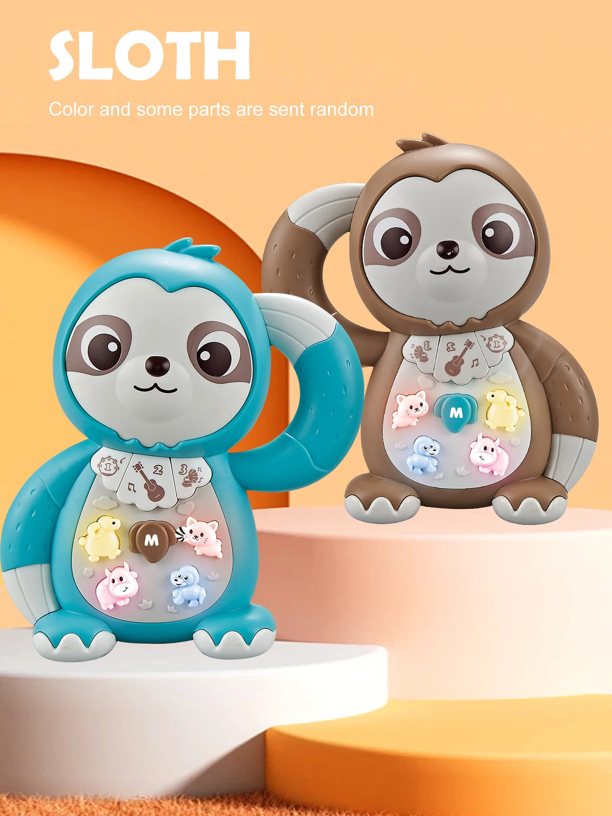 A sloth plush toy with light-up features is displayed on a tiered stand.