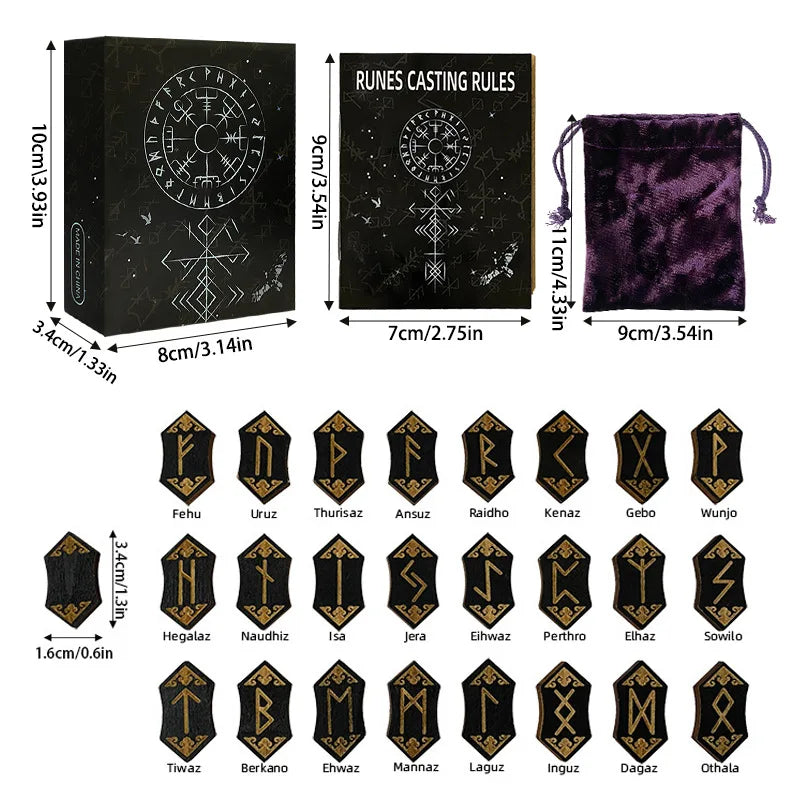 A set of wooden rune stones, a guide book, and a velvet bag for divination.
