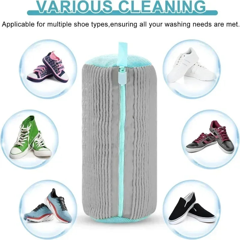 A reusable grey fabric bag designed to wash multiple types of shoes.