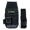 Black compact tool pouch with a belt clip and multiple pockets for professionals