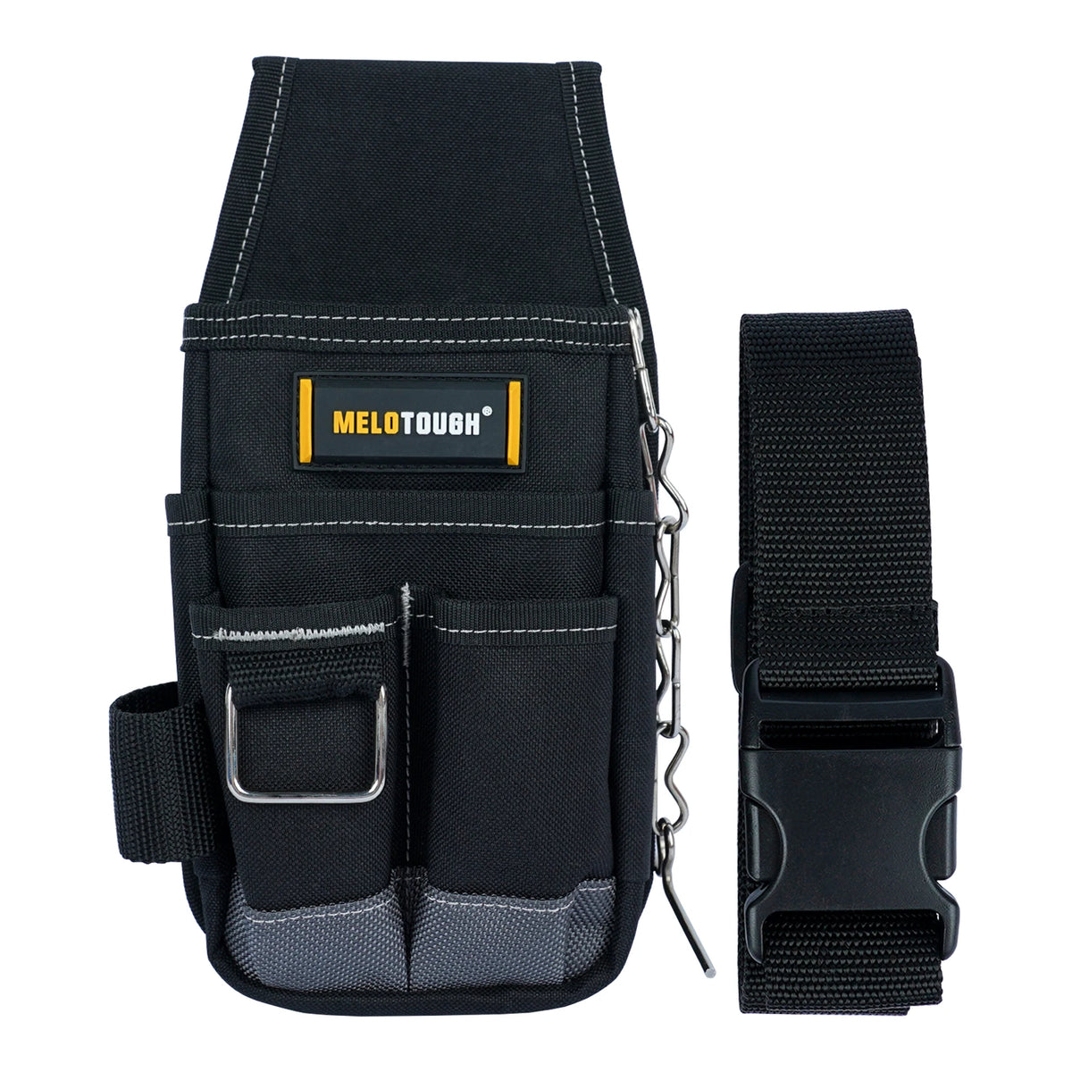 Black compact tool pouch with a belt clip and multiple pockets for professionals