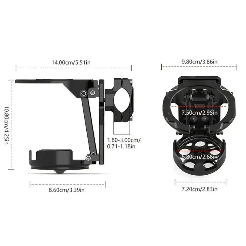 Soporte plegable negro para portavasos de motocicleta, con dimensiones de 14.00 cm de largo y 10.80 cm de ancho.