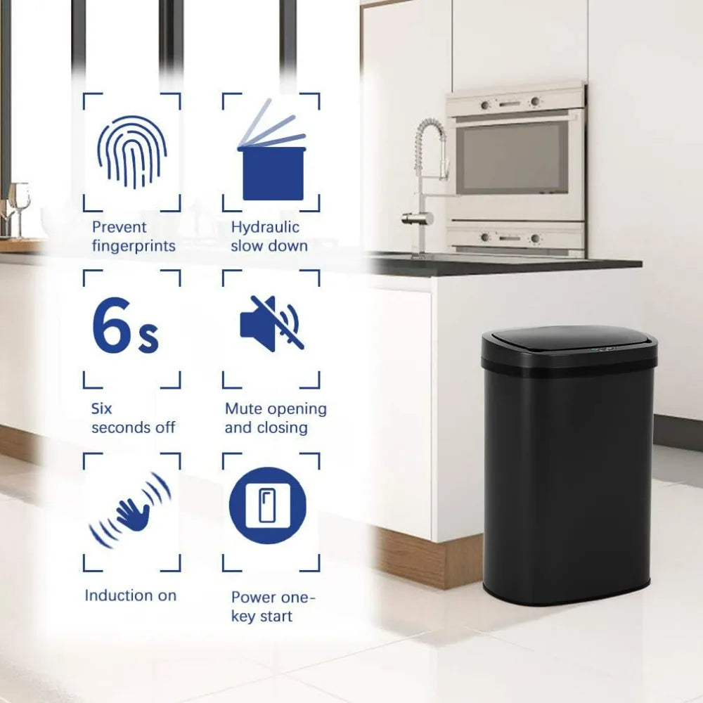 Automatic touchless trash can demonstrating features like fingerprint prevention, hydraulic slow down, and induction start.