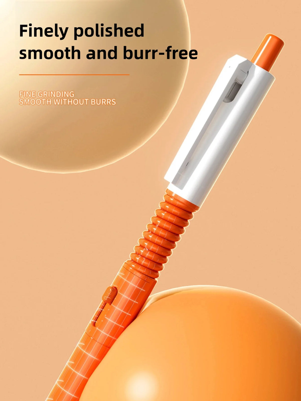 A close-up of an orange and white prank water gun pen with a fine grinding tip, demonstrating smooth writing and burr-free pe