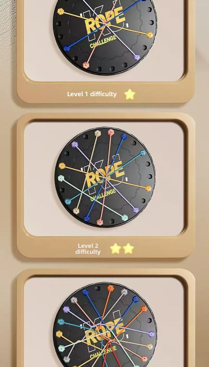 Three levels of a rope untangle puzzle game showing difficulty progression with colored strings on a black circular board