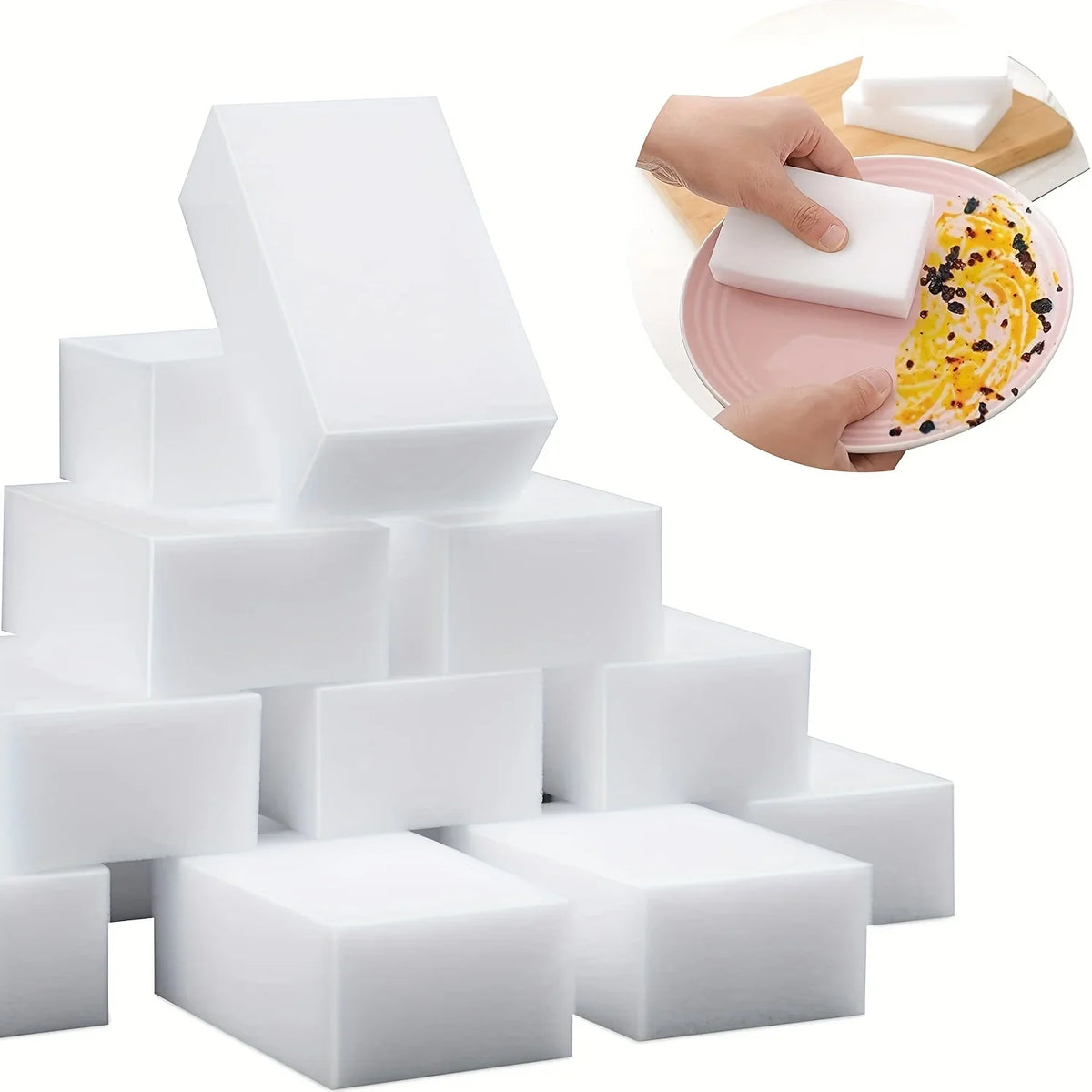 A stack of white multi-purpose magic cleaning sponges next to a hand holding a sponge on a pink plate.