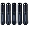 A set of five sleek, black, cylindrical perfume spray bottles standing upright.