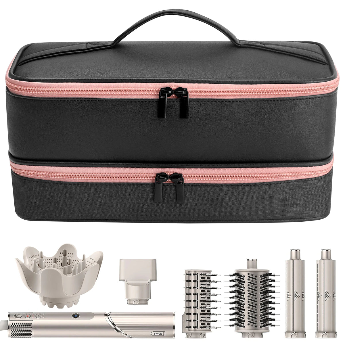 A black double-layer travel storage bag for hair dryer and accessories, shown with various grooming tools.