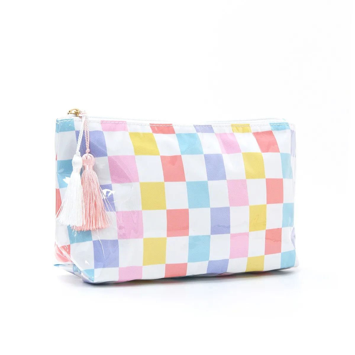 Large-Capacity Striped Cosmetic Bag with Contrasting Design