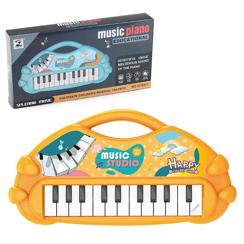 A yellow electronic piano toy with a microphone and a box for music education.