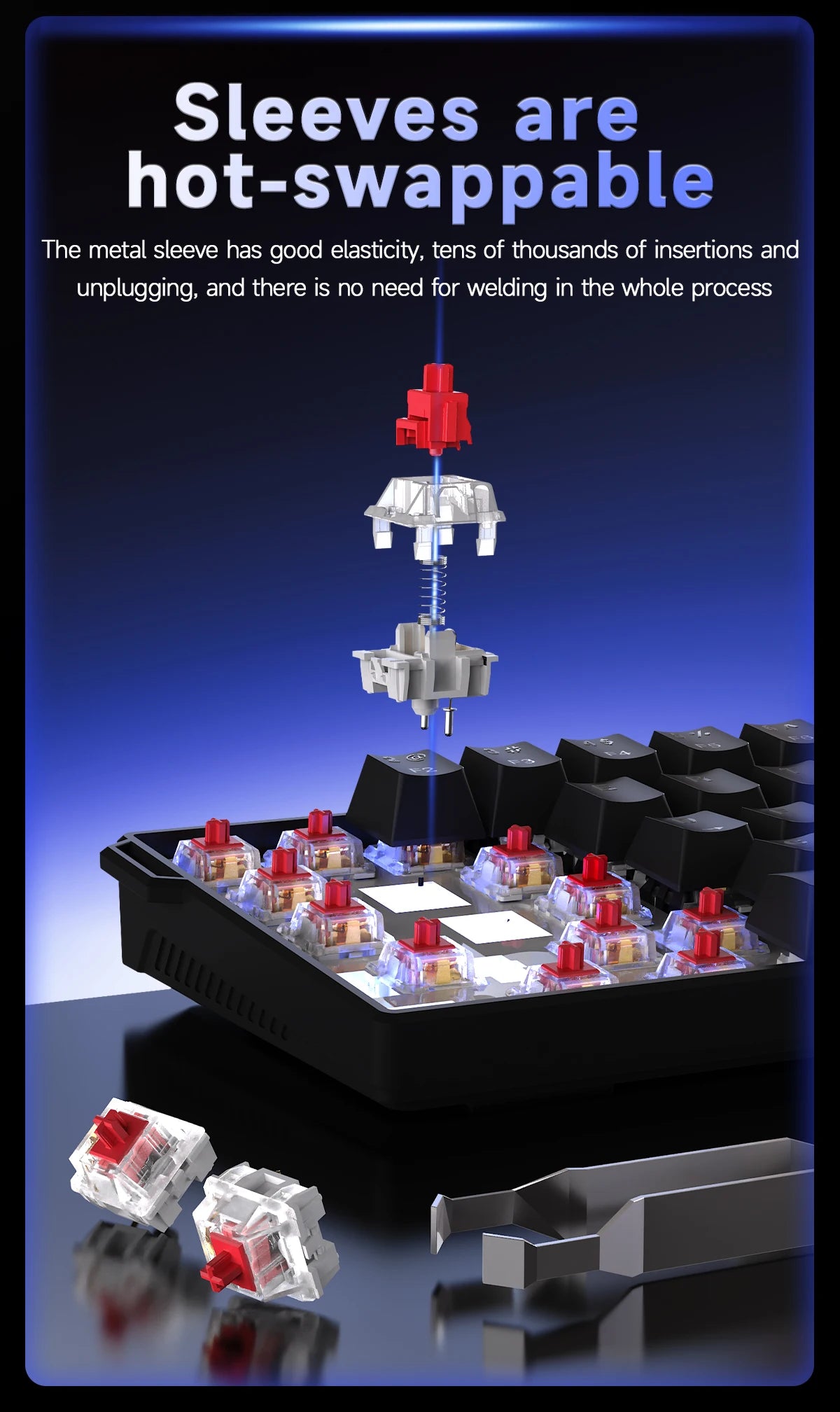 Nahaufnahme einer mechanischen Tastatur mit hot-swappable Switches und verschiedenen Schalterkomponenten.