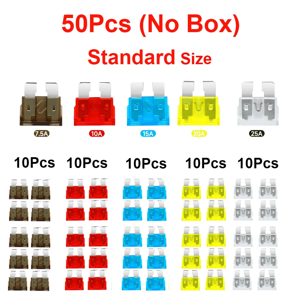 Assortment of 50 pieces of standard size car blade fuses in various amperages like 7.5A, 10A, 15A, 20A, and 25A.