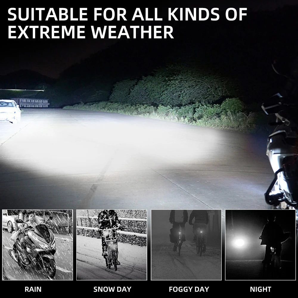 A motorcycle dual-color LED spotlight is shown illuminating a road in various weather conditions including rain, snow day, fo
