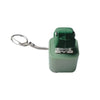 A green interactive fidget keychain with a metal loop and an LED light feature.