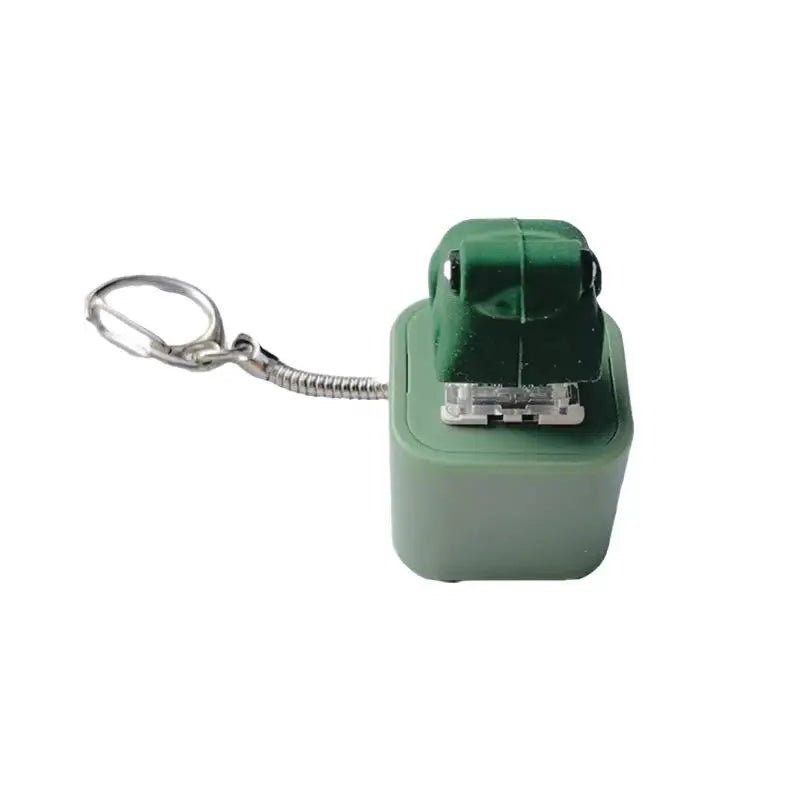 A green interactive fidget keychain with a metal loop and an LED light feature.